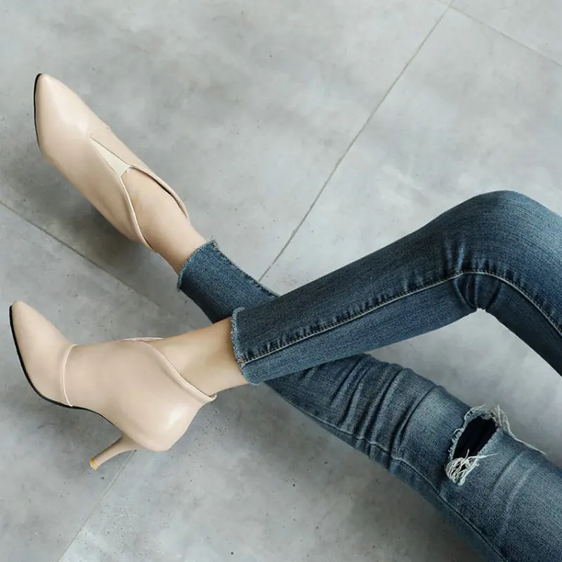 

ZawsThia booties woman thin high heels pumps shoes green beige V cut fashion sexy women short ankle boots plus size 46 33-48