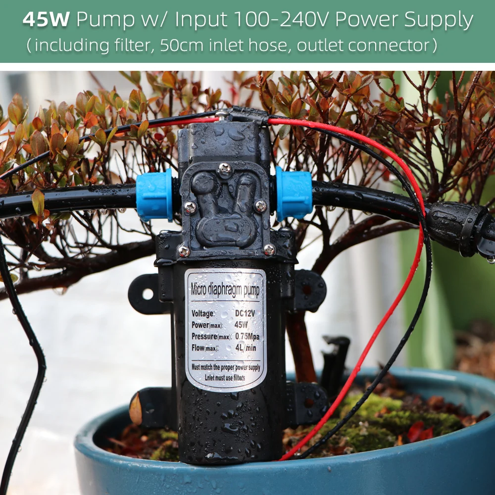 45W Self-Priming Pump Garden Watering Irrigation System 5-30M Kits Power Supply Drip Spray Nozzles for Balcony Yard Greenhouse