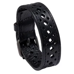 Punk Hollow Brown Black Genuine Leather Men Bracelets For Women Wide Wrap Belt Buckle Male Bangle Outdoor Jewelry