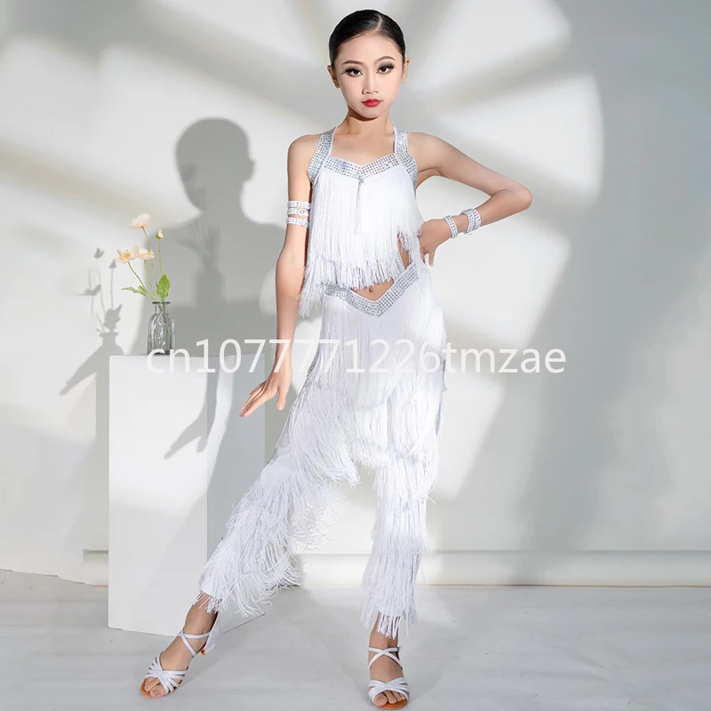 

Children's Samba Competition Costume Sl9460full Drill Costume Girls Latin Dance Tassel Top and Trousers