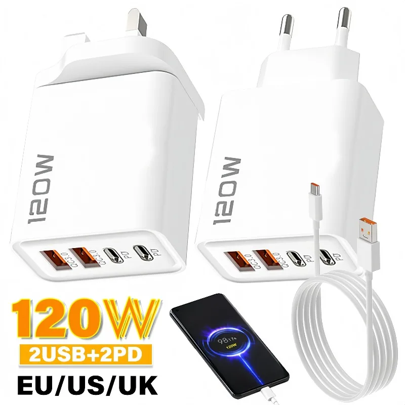 

4in1 Mobile Phone Charger 120W USB Type-c Quick Charging Station 2USB+2PD Travel Wall Charger for Samsung Xiaomi Huawei Google
