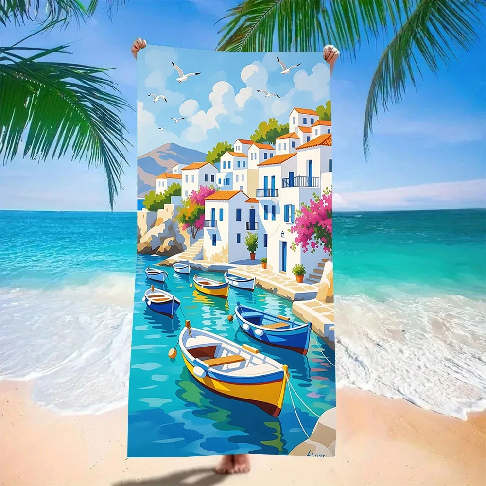 Greek Santorini Coastal Town Print Beach Towel Quick Dry Sand Resistant Bath Towel for Beach Pool Camping Daily Use
