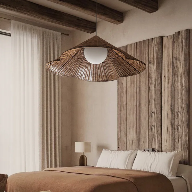 Rattan Pendant Light Hat Design LED Lamp Hanging Chandelier for Living Room Bedroom Decoration Dining