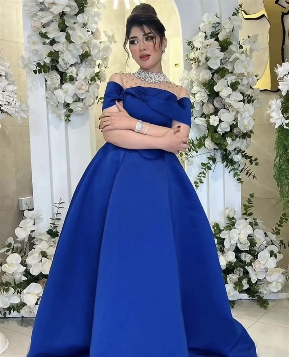 

Jessica Royal Blue Prom Dressess Luxurious Satin Arabic Prom Dress 2024فساتين السهرة A-shaped Elegant Lady Party Dresses