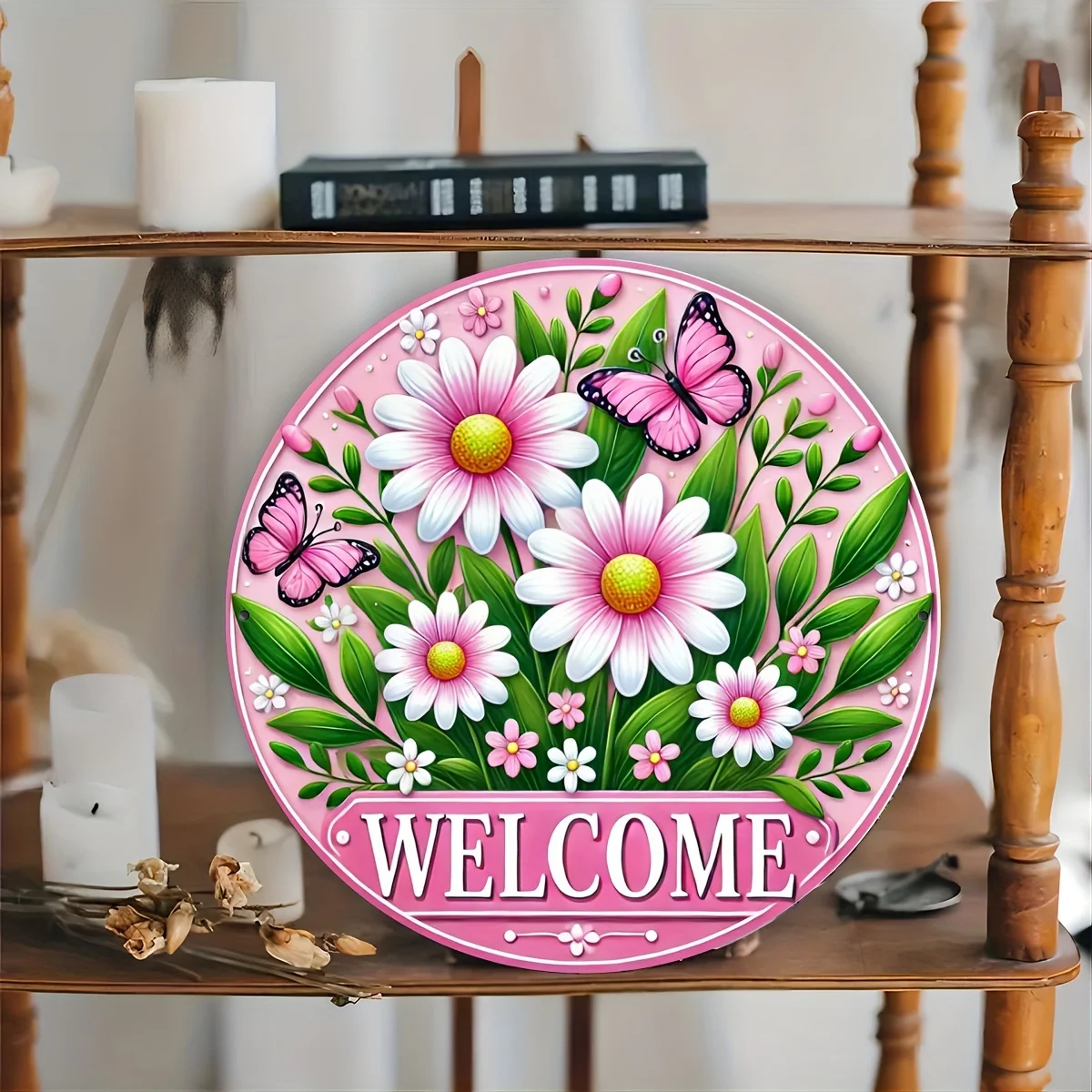 Vintage Pink Daisy Butterfly Metal Sign, Round Aluminum Wall Art for Home Entryway Garden Porch Decoration