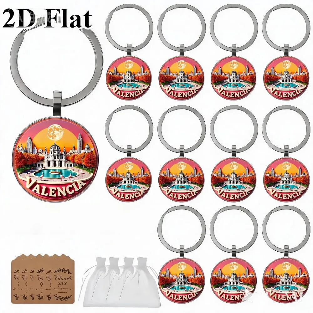 6/12/20/40 Sets Llavero Plano 2D Vintage Valencia Sunset con Domo de Flamenco, Colgante para Coche/Bolso, Regalo de Navidad/Acción de Gracias para Invitados