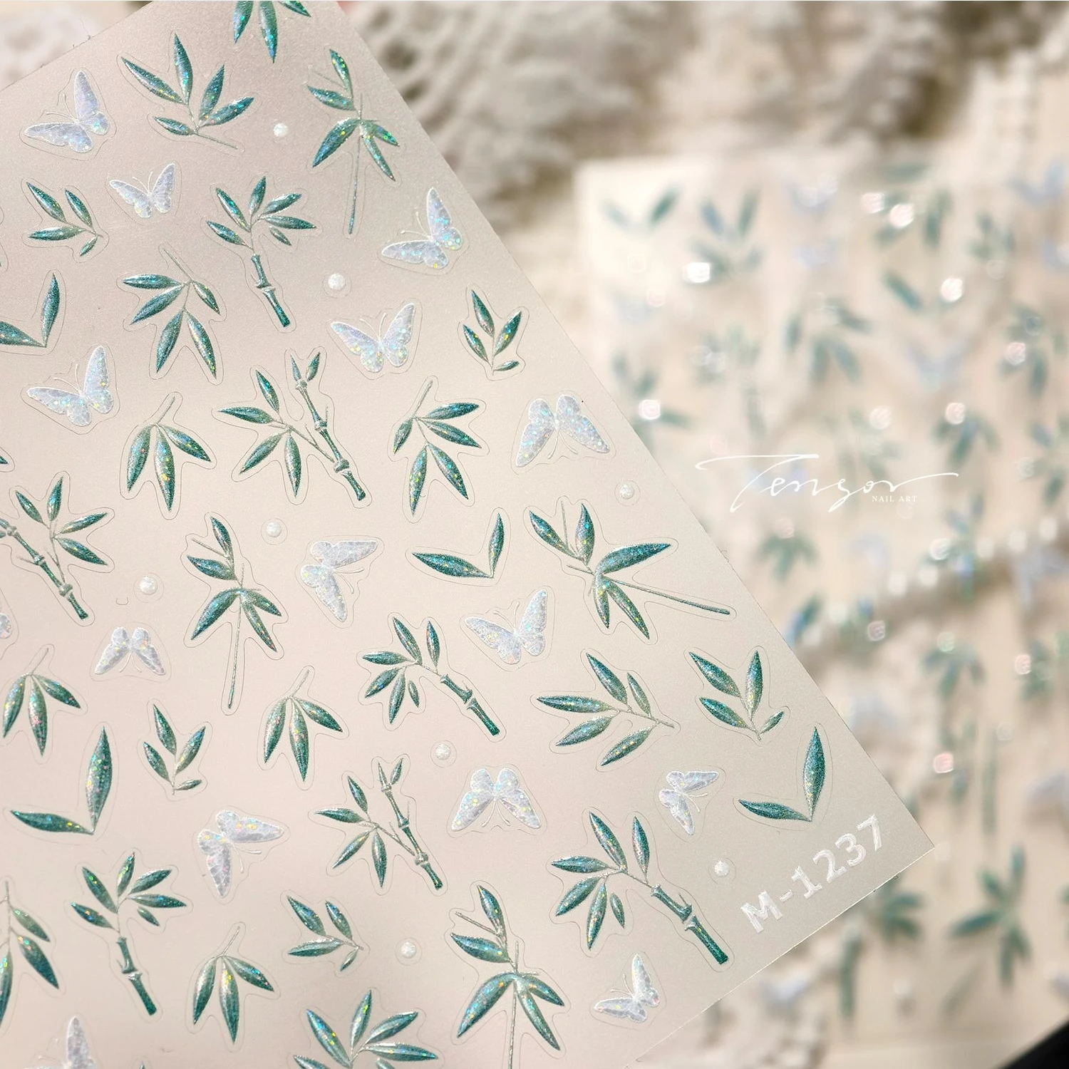 Mariposa brillante, hojas de bambú, planta, brillo polarizado, pegatinas autoadhesivas 3D para decoración de uñas, calcomanías de manicura de estilo chino al por mayor