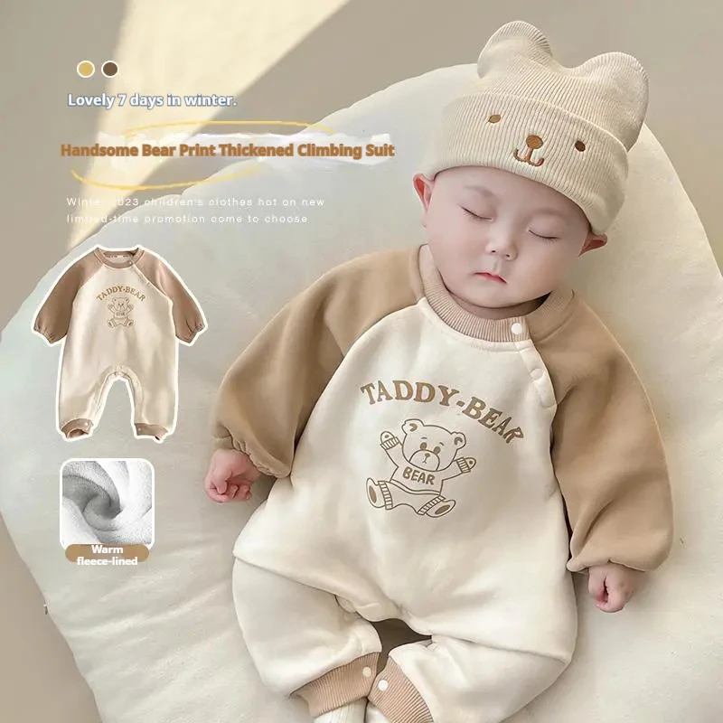 Baby Jumpsuit Autumn Winter Boys Girls Long Sleeved Plus Velvet Rompers Baby Costume Newborn Clothes Infant Bodysuits For 0-1U