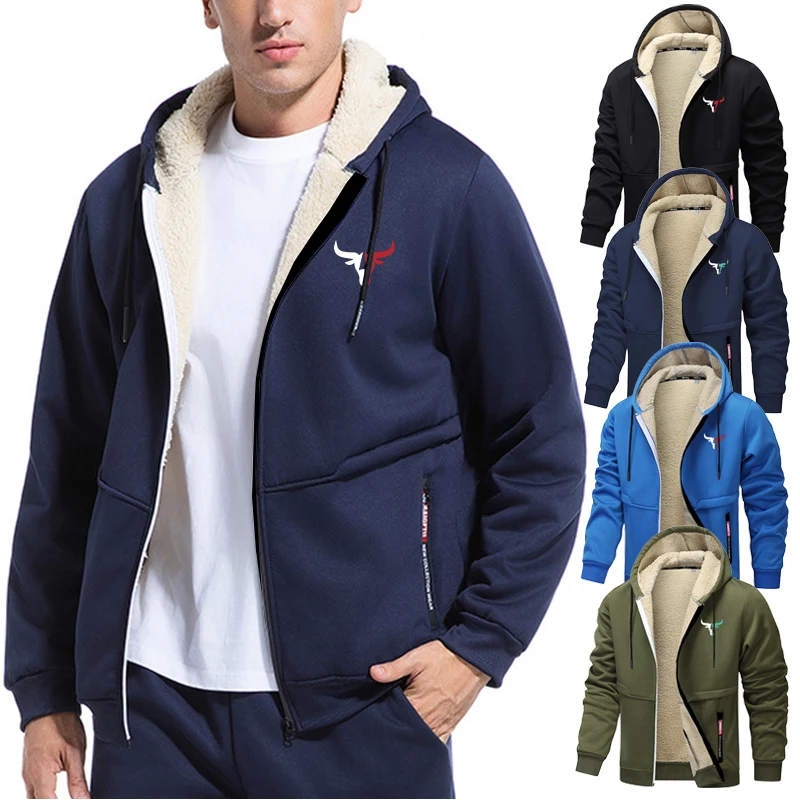 

Мужская плюшевая куртка из шерпа с принтом быка, зимняя теплая флисовая верхняя одежда, повседневное пальто с капюшоном на молнии и карманом на молнии