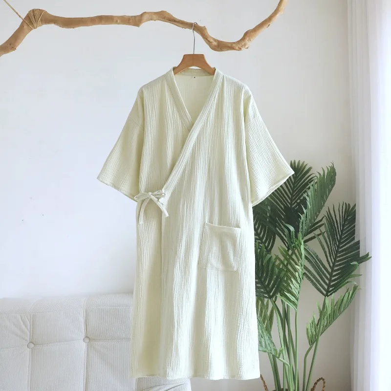 2026 Summer Women's New 100% Cotton Crepe Solid Color Drawstring Water Absorbing Short Sleeve Sleep Robe Thin Home Clothing
