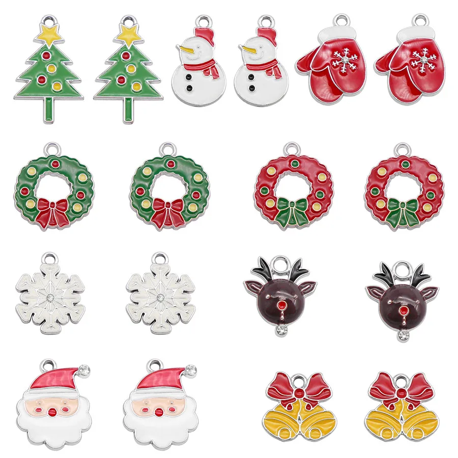 9PCS Enamel Christmas Charms Santa Deer Tree Bell Snowman Snowflake Wreath Glove Pendant Necklace Bracelet Jewelry Accessory