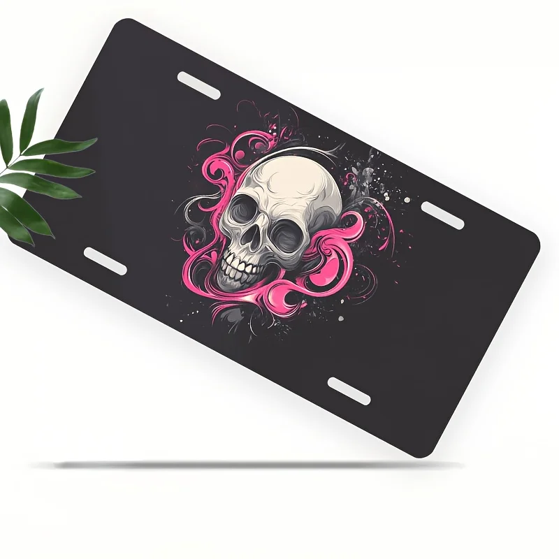 Skull with Pink Swirls Front License Plate Covers & Frames, Aluminum License Plate Covers & Frames, Funny Standard Plates Novelt