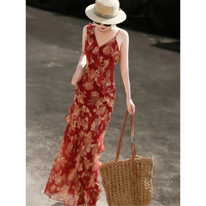 

MEXCOCO 2026 Summer French Resort Spaghetti Strap V Neck Full Ruffle Floral Print Ruched Waist Slim Mermaid Maxi Holiday Dress