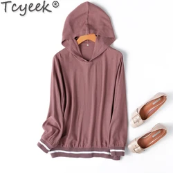 Tcyeek 100% Mulberry Silk T-shirt 2024 Elegant T-shirts for Women Clothes Spring Summer Long Sleeve  Top Female Hooded Sweater