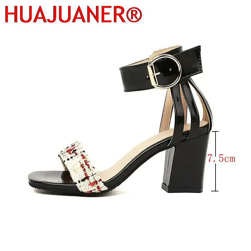 Sandalias de tacón cuadrado a la moda, zapatos de mujer, sandalias clásicas negras y rojas para mujer, zapatos de verano, sandalias elegantes de marca con punta abierta 2025