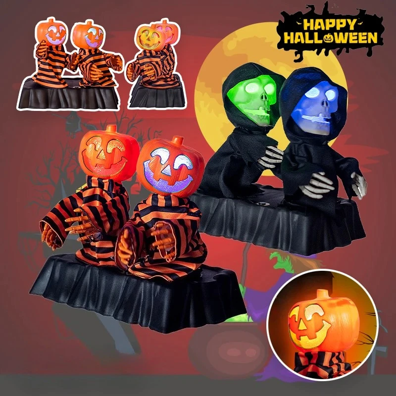 1 Set Halloween Electric Dancing Pumpkin Skeleton Duo Light Up Sound Effects Gradient Lights Funny Toy for Party Haunted House