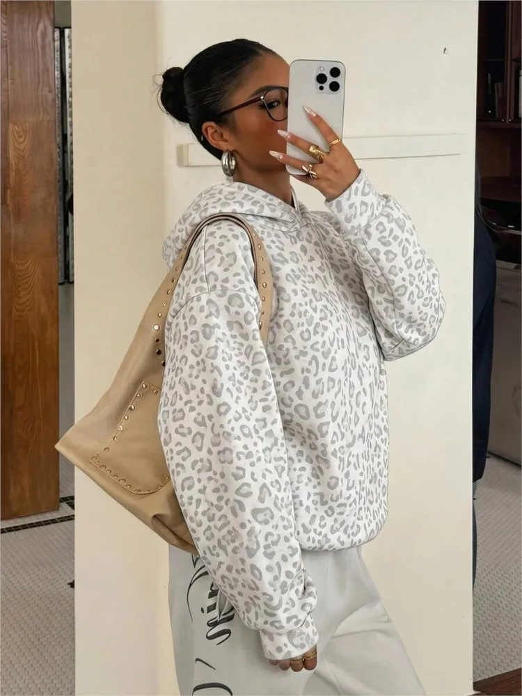 Image of Damen Leoparden-Print Hoodie Herbst Winter Mode Neu Langarm Locker Bequem Pullover Lässige Trends Streetwear Sweatshirt