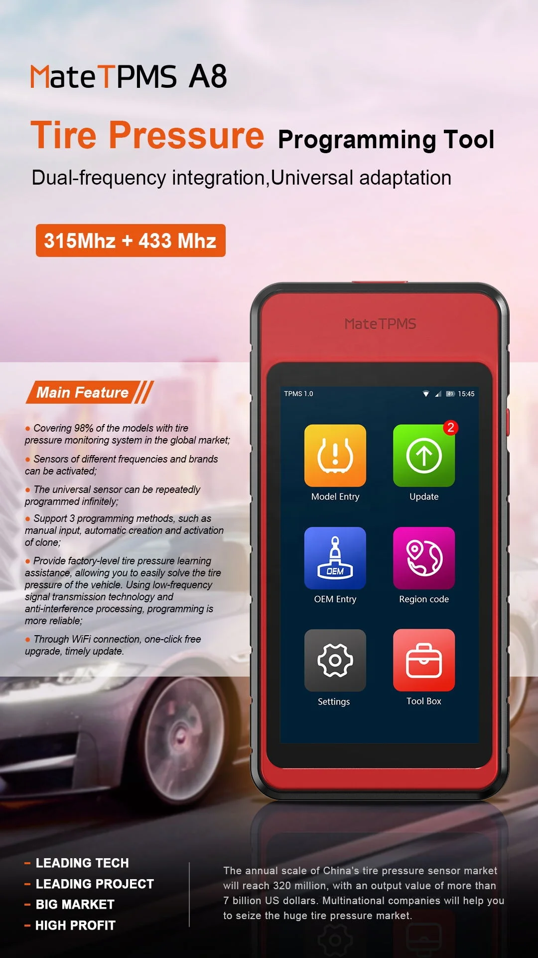 Ferramenta de programação para sensor TPMS universal de 315 MHz ou 433 MHz cobre mais de 98% do carro