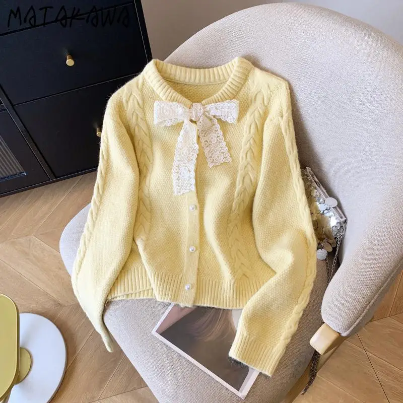 

Matakawa Lace Bows Cardigans Woman Autumn Winter Solid Candy Color Sweet Sweaters Korean Fashion Elegant Sueter De Mujer