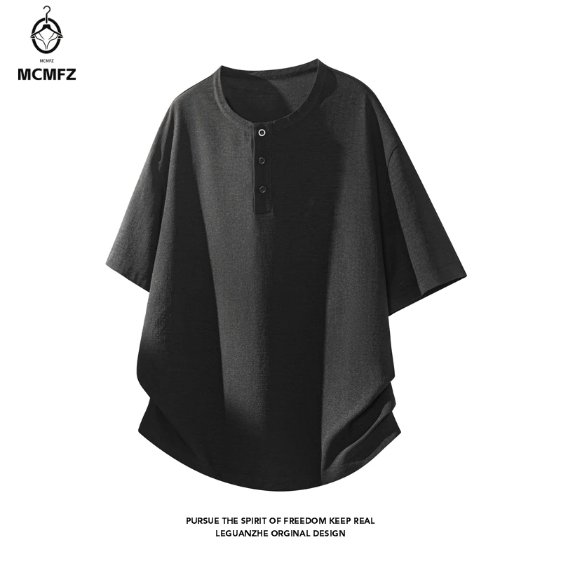 Mens Summer Oversized Henley Neck Short Sleeve Tee Button Placket Linen Texture Fabric For Travel Shopping Leisure Outfits