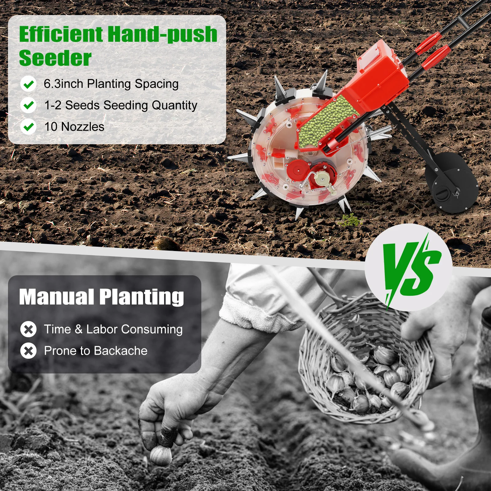 Hand Push Garden Seeder with 10 Nozzles, Adjustable Sowing Depth & Seed Quantity, Large Capacity 8.27 lbs Seed Box, Manual Push Planter for Corn Soybean Peanut Cotton, Red/Black