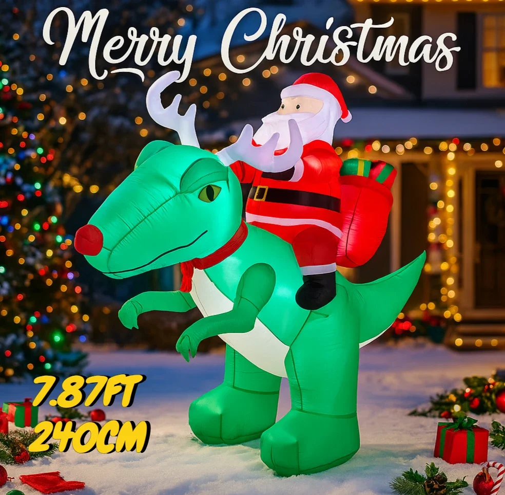7.87FT Inflatable Santa Ride Dinosaur Toy LED Light Festive Christmas Gifts Xmas Inflatable Yard Decorations Christmas Supplies