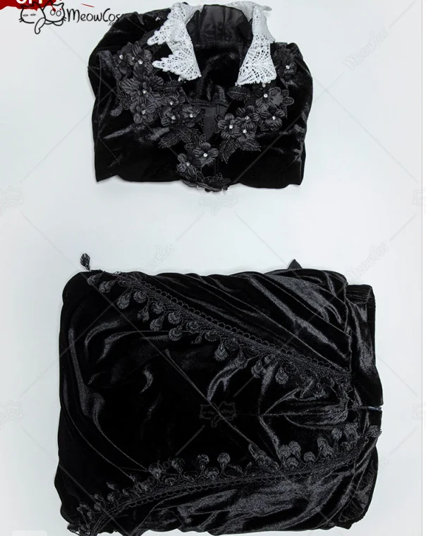 ชุดคอสเพลย์สไตล์โกธิคสีดำสำหรับผู้หญิง MEOWCOS ประกอบด้วยเสื้อแขนยาวและกระโปรงยาวผ้ากำมะหยี่แบบวินเทจ