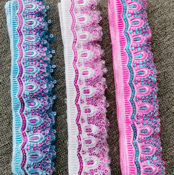 9 metrów srebrny różowy niebieski poliester taśma koronkowa wykończenia cekinowa koronka taśma koronkowa wykończenia DIY dodatki odzieżowe Patchwork 5cm szerokości
