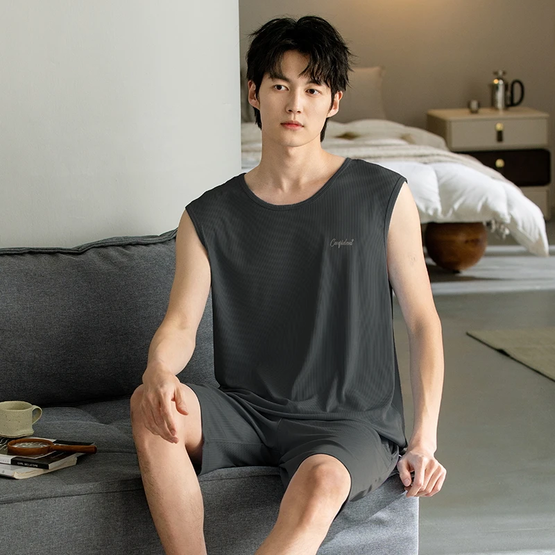 

Summer Men Sleepwear Men Round Neck Solid Vest Pijama Men's Modal Home Clothing