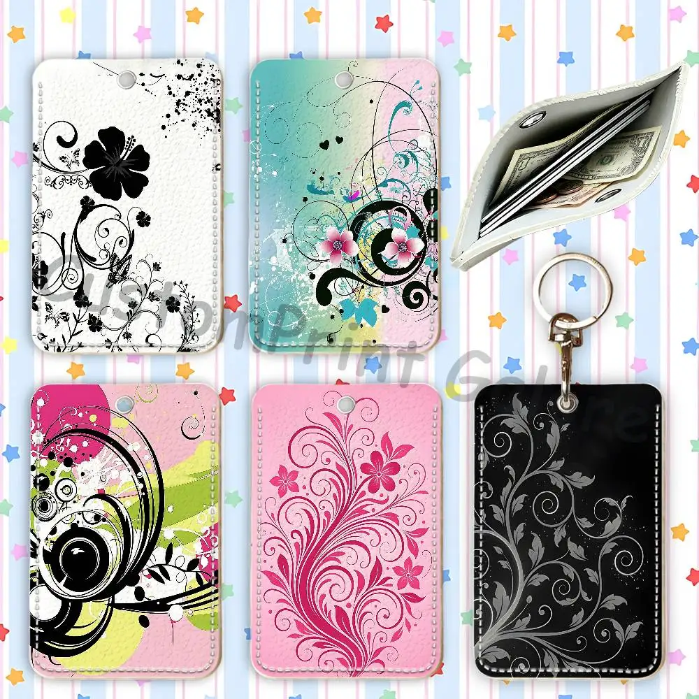 Vectorflourish Floral Metro Frutiger Floral PU Leather Holder For Bank Business Work Card Holder Student Card Bus Card Keychain