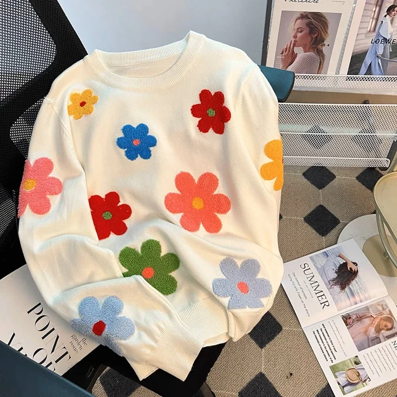 New Colorful Embroidered Sweater Autumn Winter 3D Flower Design Round Neck Long Sleeve Knitted Top Loose Fit