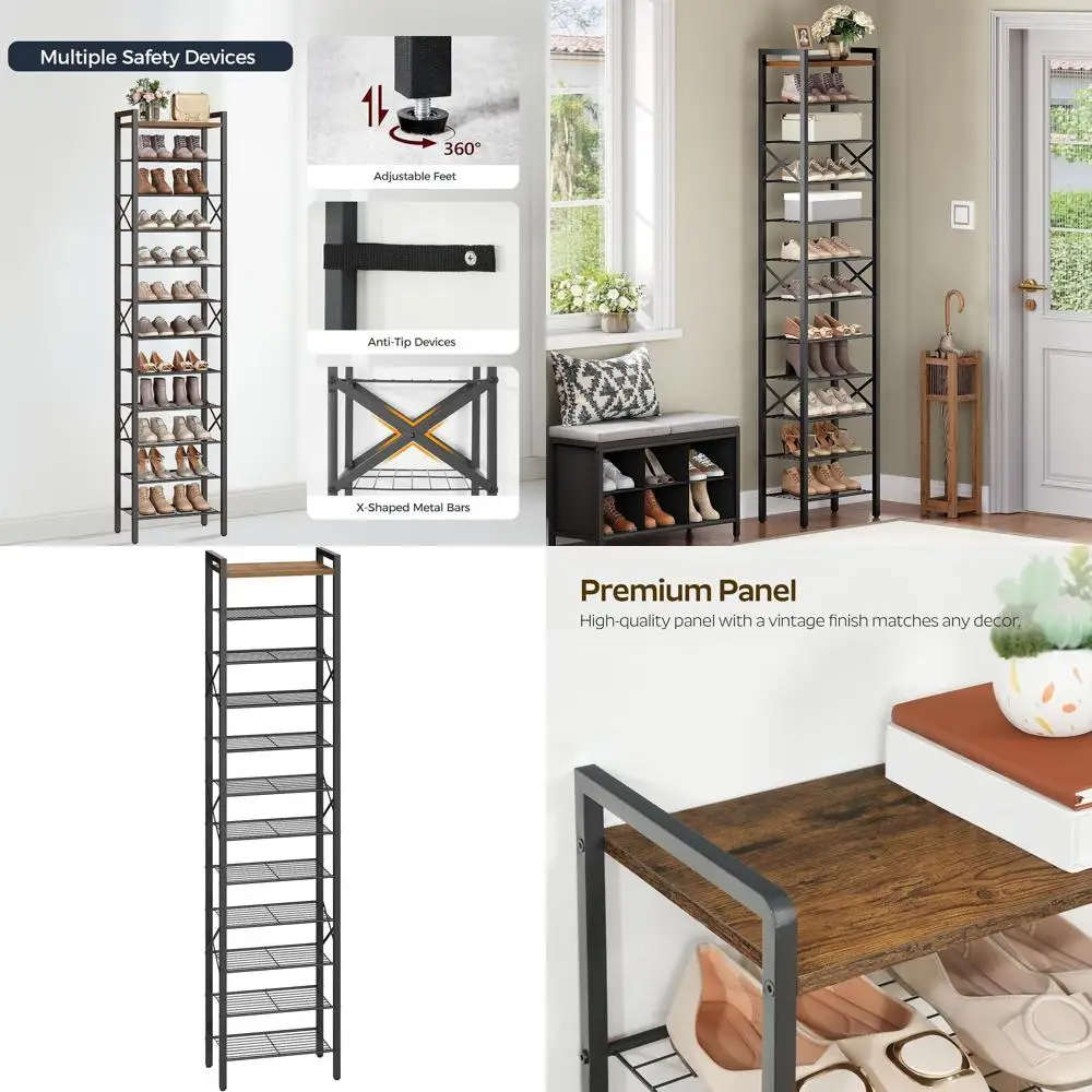 

12-Tier Tall Shoe Rack, 12-24 Pairs Storage, Wooden Top, Space-Saving, Rustic Brown & Black Metal Organizer
