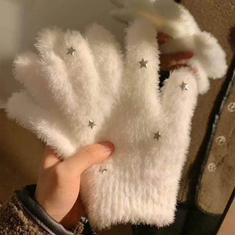 Guantes de cinco dedos de terciopelo de visón blanco sólido para mujer, guantes de felpa cálidos a prueba de frío para mujer, guantes de ciclismo al aire libre, Color sólido