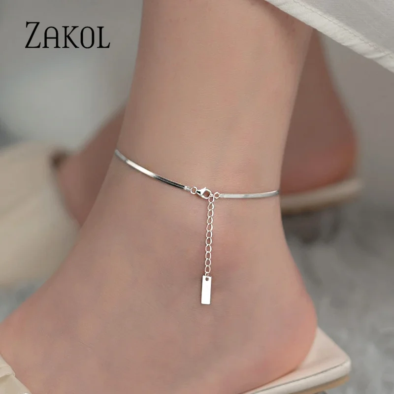 ZAKOL Simple Tag Silver Color Snake Bone Blade Anklet 2023 New Summer Light Fashion Versatile Ins Jewelry