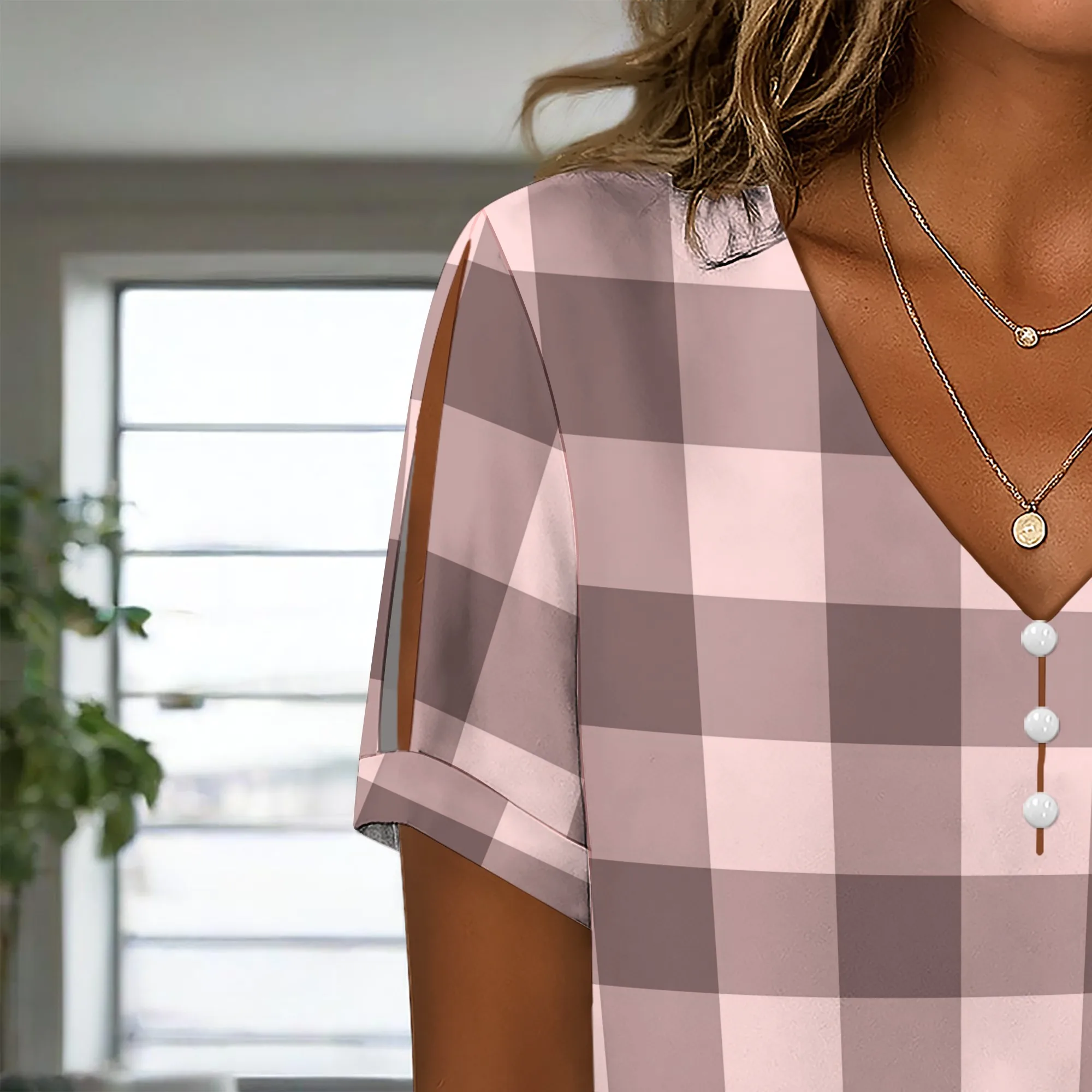 Women's Summer Split Sleeves Plaid Shirt V Neck Casual Blouse With Button Front For Everyday Wear
