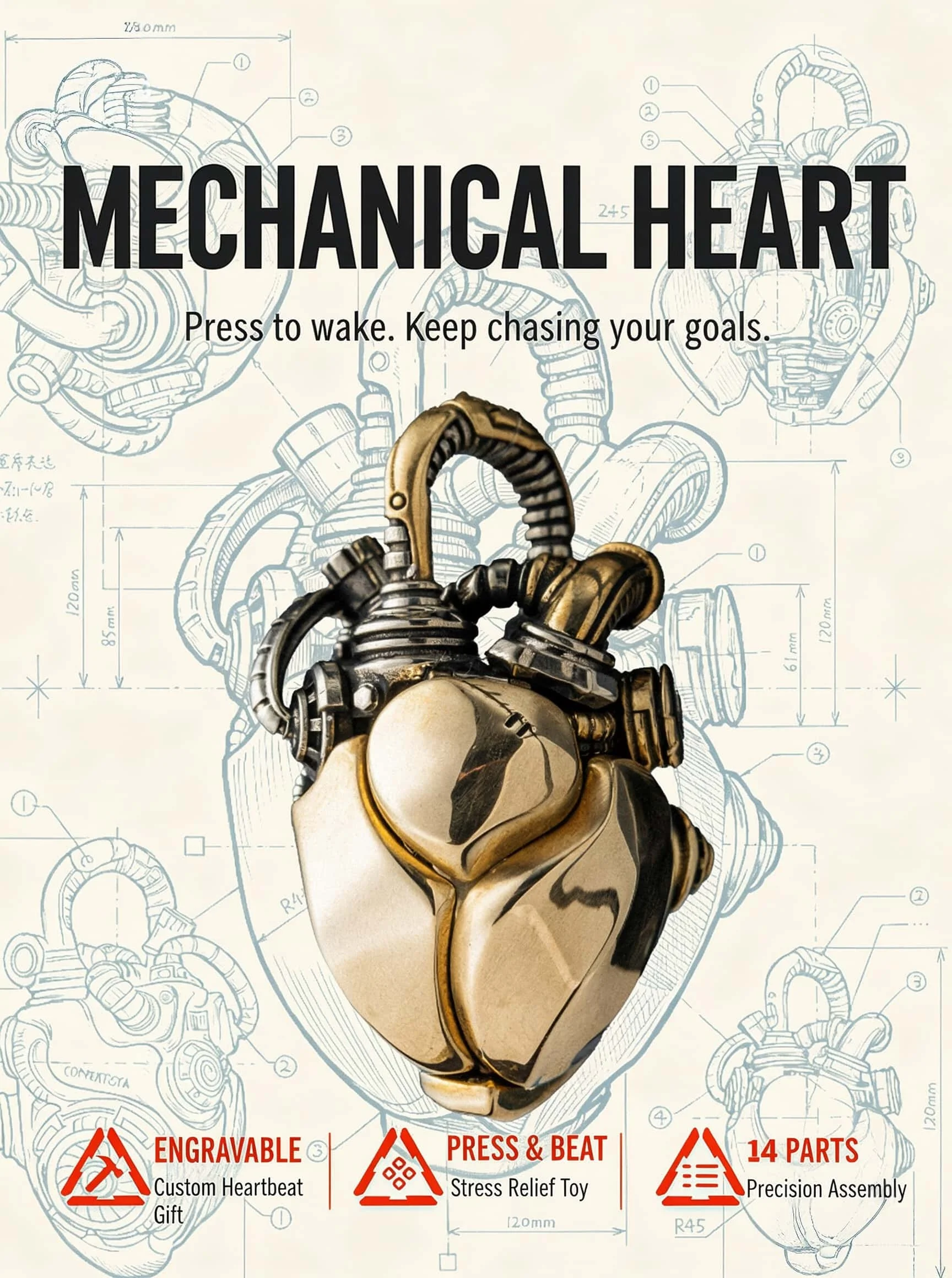 Steampunk Mechanical Heart Fidget Toy Press to Beat Stress Relief Metal Keychain Pendant 14 Parts Assembly Men's Gift