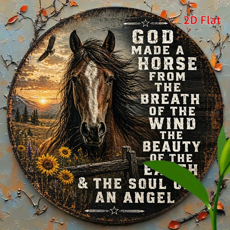 God Made A Horse Round Sign, Western Sunset Wall Decor, Vintage Equestrian Metal Sign for Horse Lovers, 2D Flat