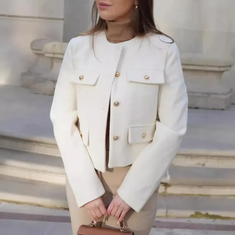 

2025 Autumn and Winter New Women's Clothing Fashion Short Coat Solid Color Coat with Buttons