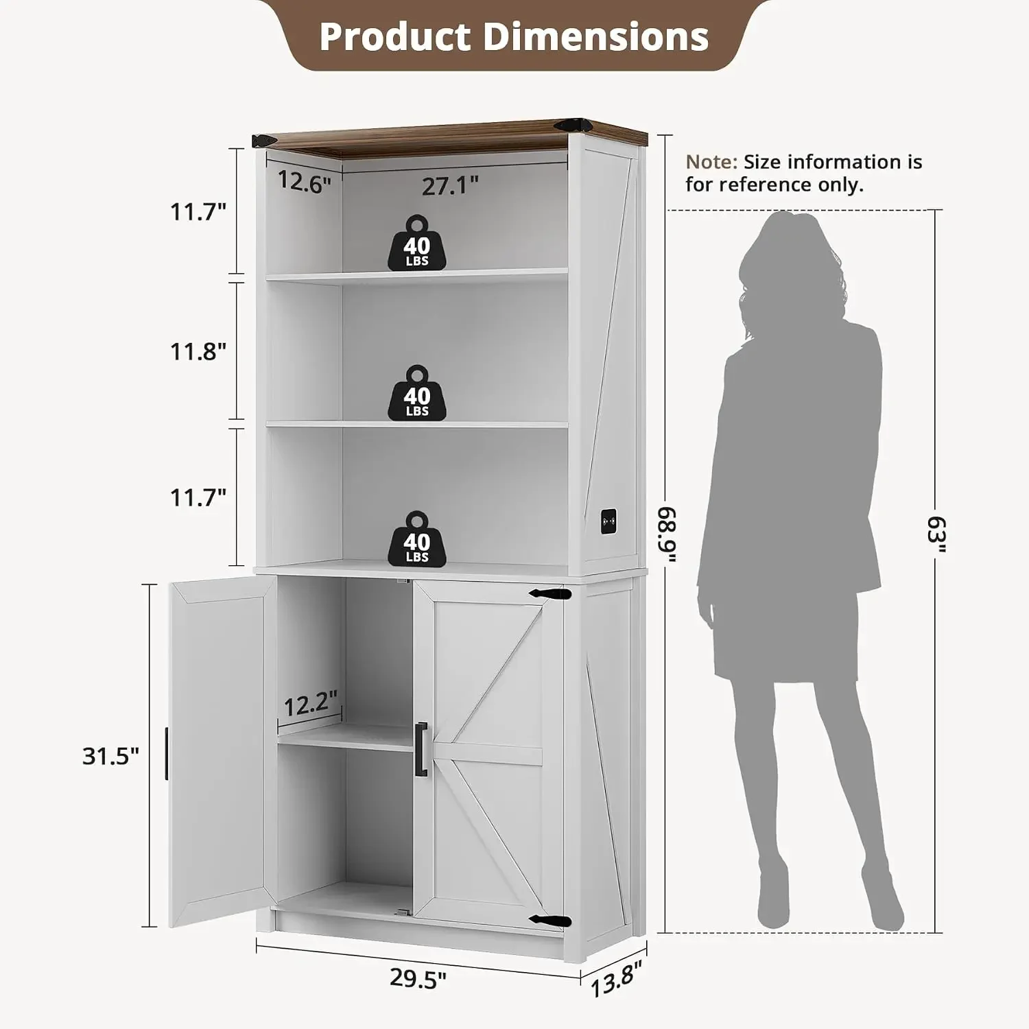 HWB Farmhouse 5-Tier Bookshelf with Doors and 3-Color LED Lights | Floor Standing Bookcase Storage Cabinet with Motion Sensor, f