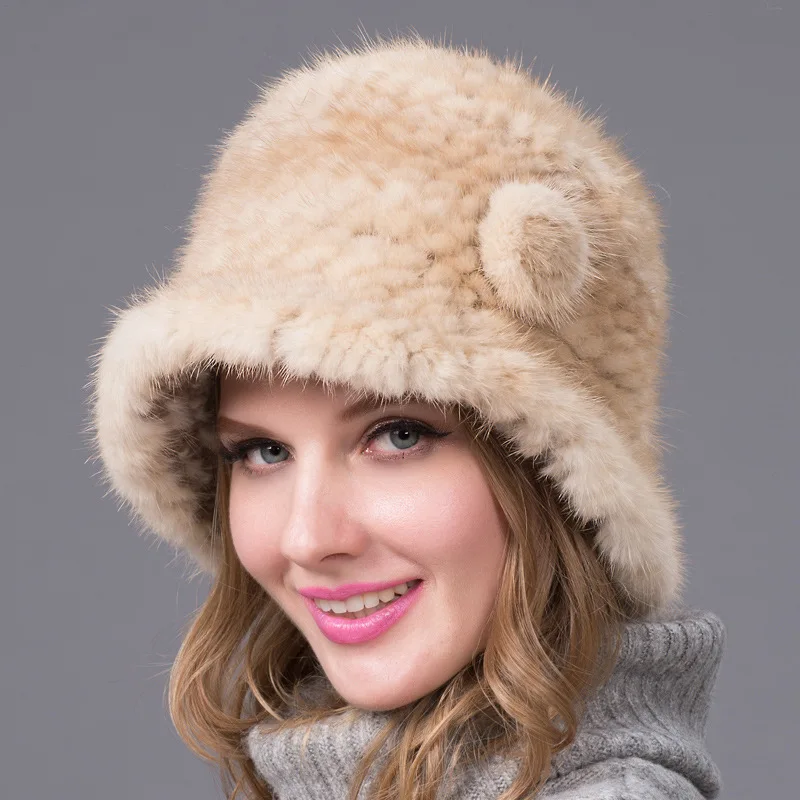 Fur Hat for Women Natural Mink Hair Fur Russian Ushanka Hats Winter Thick Warm Ears Fashion Bomber Cap Black New Arrival