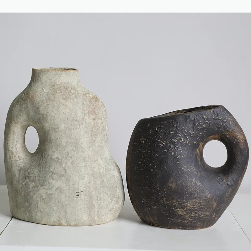 Irregular Retro Ceramic Vase Creative Handle Plant Pot Table Decoration Flower Arrangement Floral Vase Room Aesthetic Decor