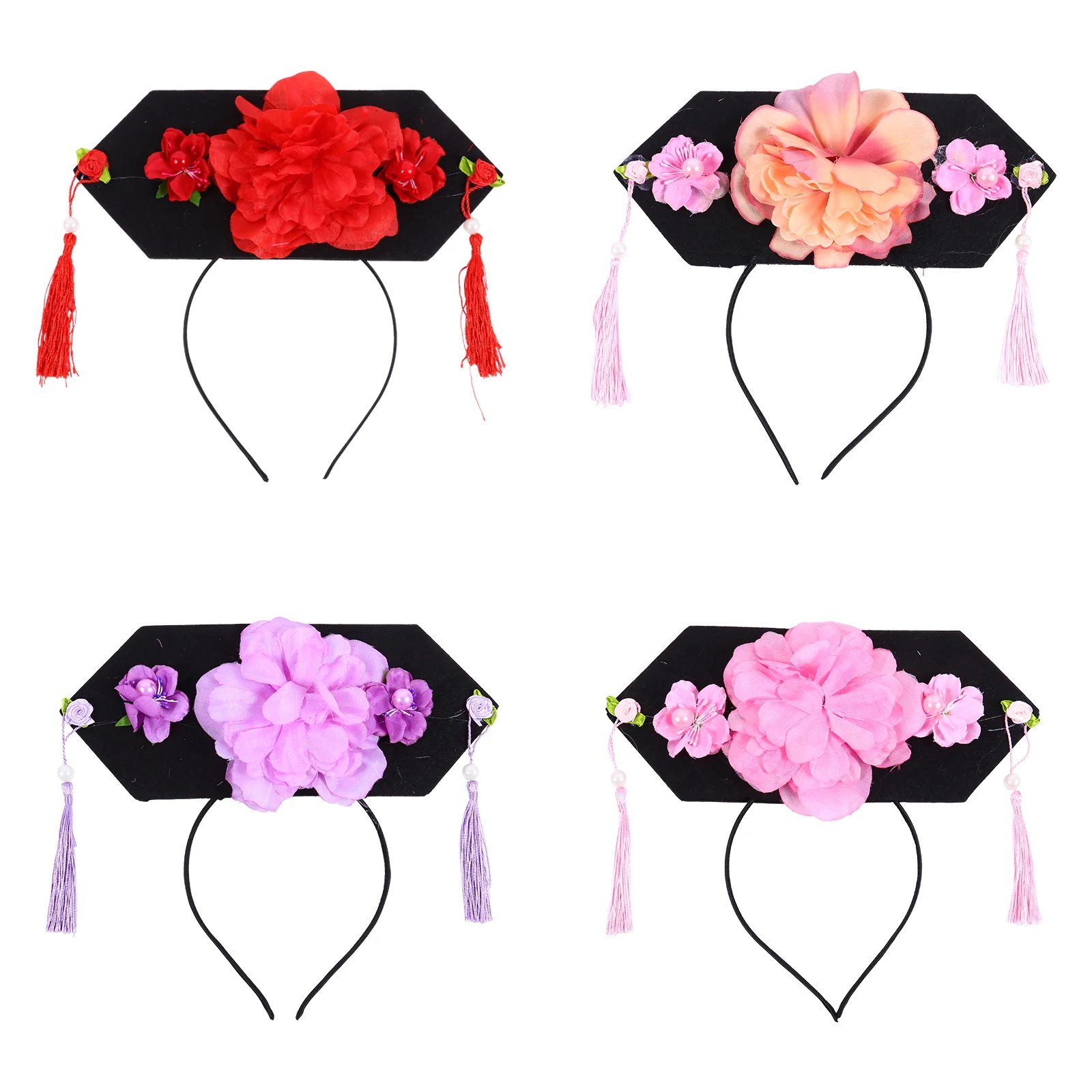 

4 Pcs Checkered Hat Head Band Hair Decor with Tassels Qing Dynasty Plastic Hoop Chinese Formal Wear Child