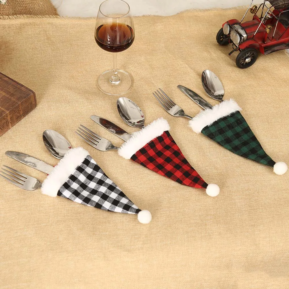 

Christmas Wine Bottle Caps Xmas Hat Fork Knife Spoon Holder Bags Kitchen Accessories Home Decor 2023 Christmas Ornaments