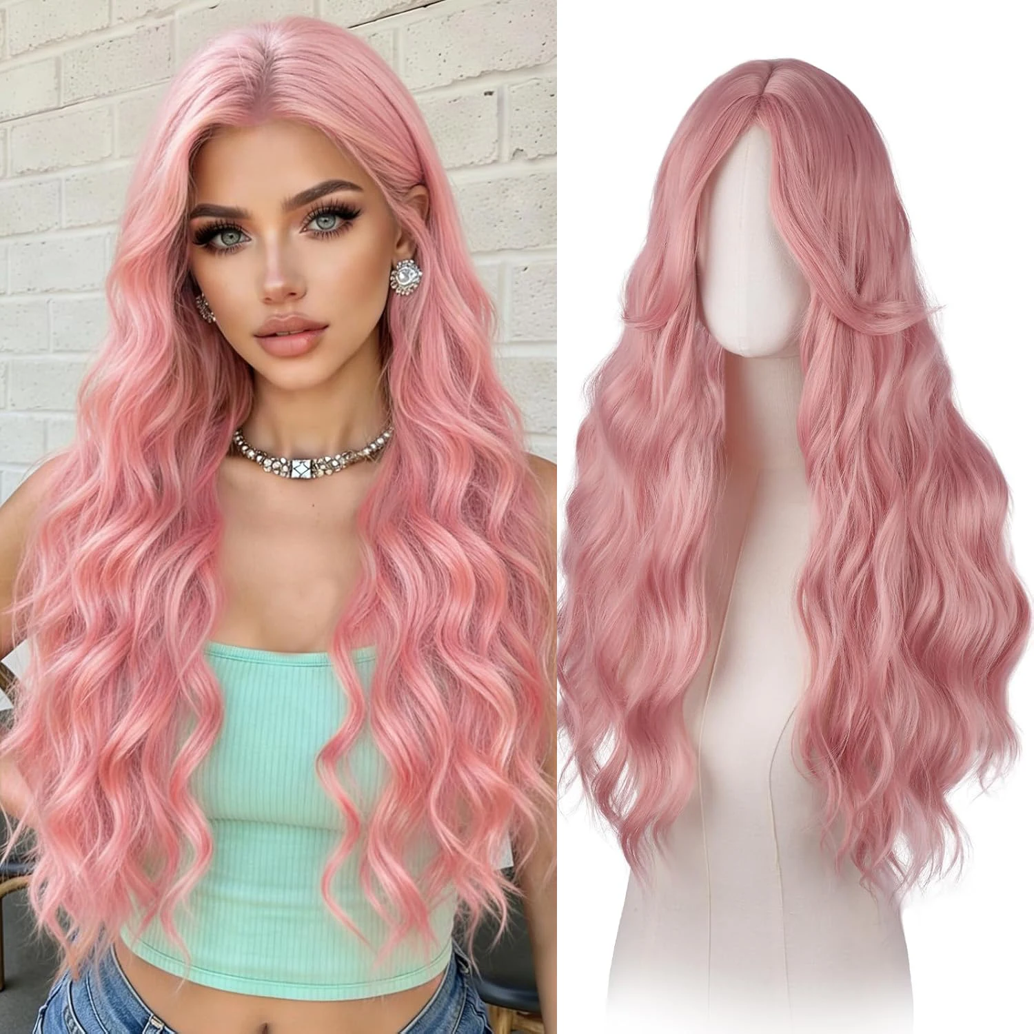 Pink Wigs with Curtain Bangs for Women - Long Wavy Middle Part Natural Looking Synthetic Hair Wig for Daily Party Cosplay