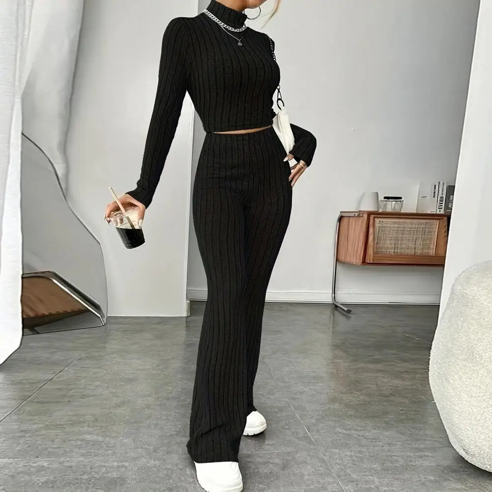 

Women Knitted Casual Suit Women's Knitted Turtleneck Outfit with High Waist Flared Pants 2 Piece Set for Winter for Elegant