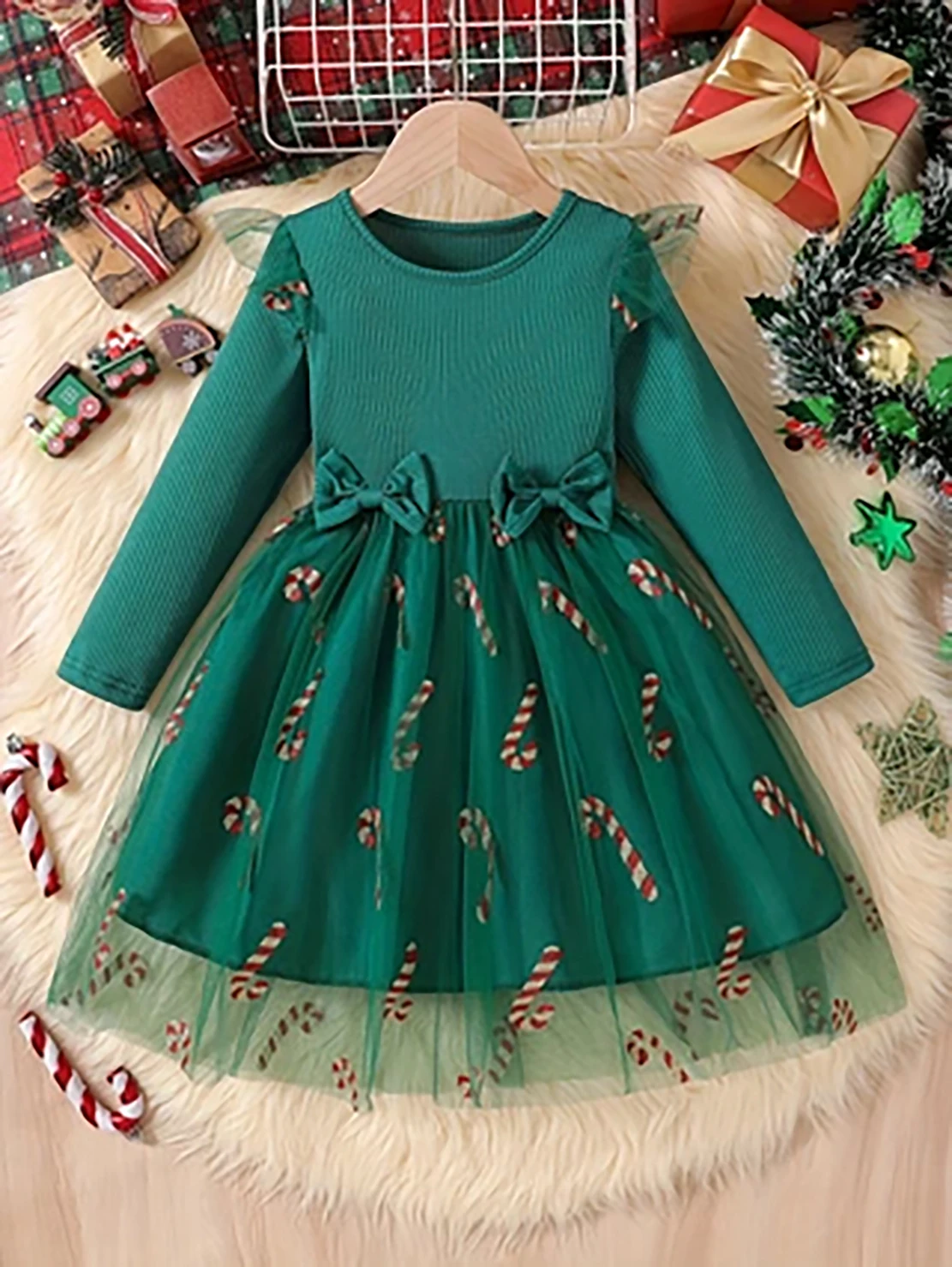 Little Girls' Green Candy Cane Christmas Princess Dress, Long Sleeve Bow Tulle Dress for Autumn & Winter