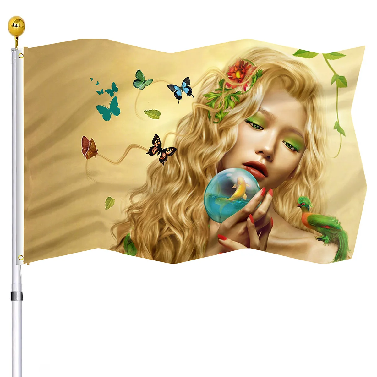 Hand Drawn Beauty Flag Butterfly Glass Ball Flowers Double Stitched Polyester Flags Banners Brass Grommets Indoor Outdoor Decor