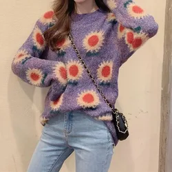 Women's Clothing Round Neck Casual Vintage Floral Sweaters Autumn Winter Fashion Loose Long Sleeve Knitted Pullovers for Female