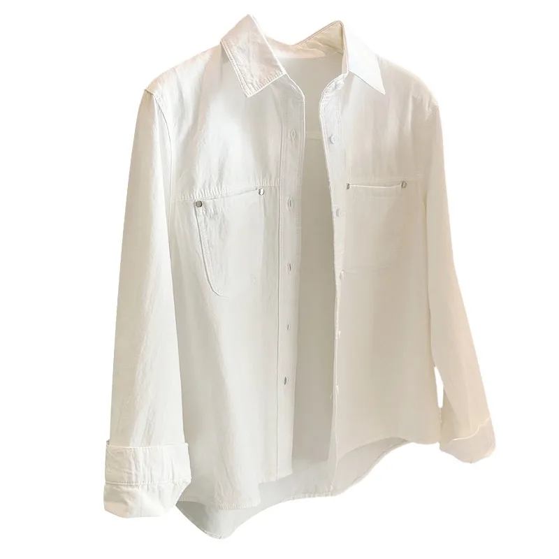 

Новая женская рубашка весна-лето 2026: однотонная, приталенная, в корейском стиле, свободного кроя, с длинным рукавом, в конфетных цветах.