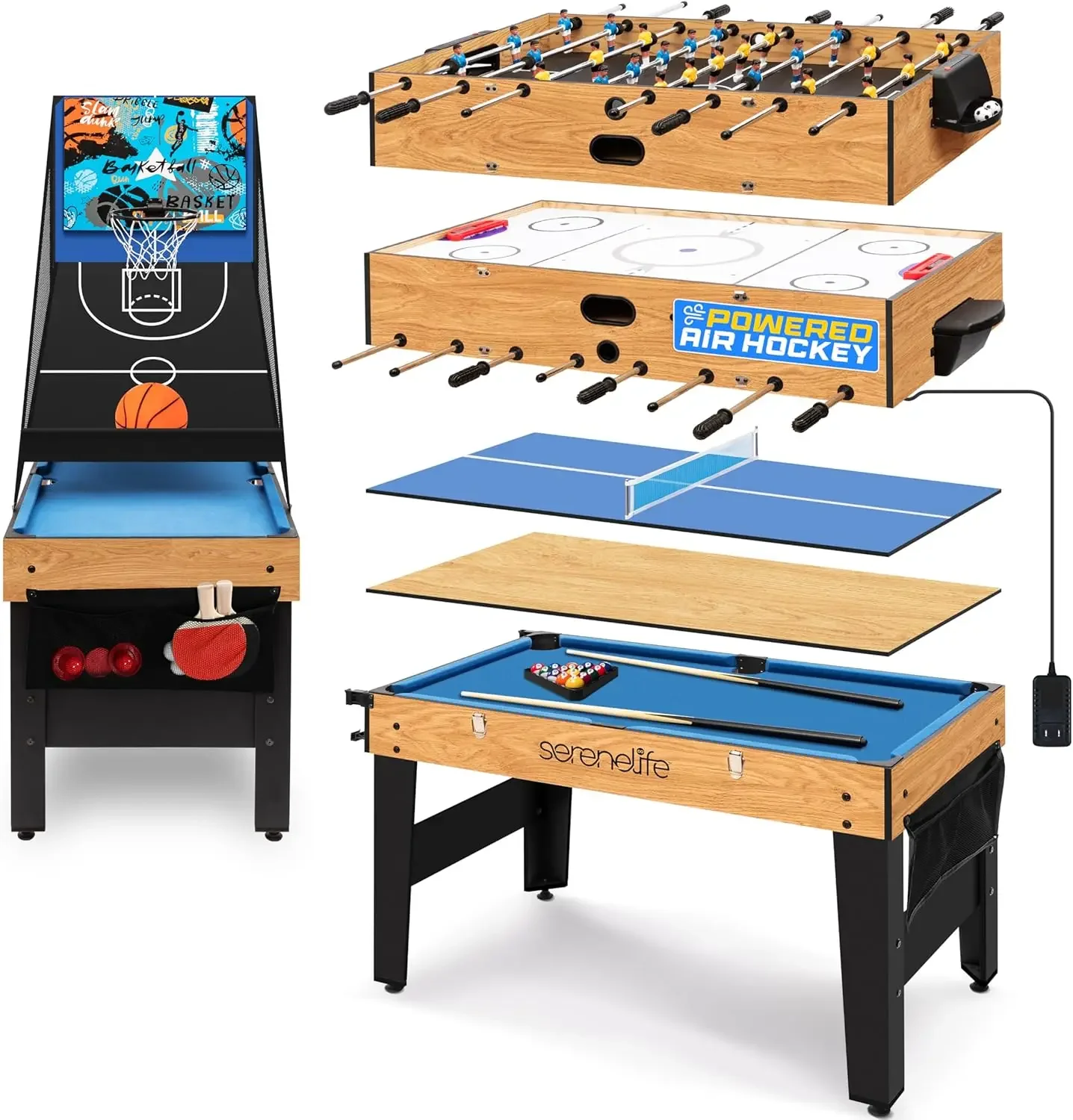 Multi Game Table, Full-Size Indoor and Outdoor Arcade Sports Table with Pool, Air Hockey, Foosball, Basket